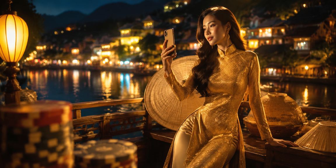 Người phụ nữ mặc áo dài truy cập casino di động tại Sapa